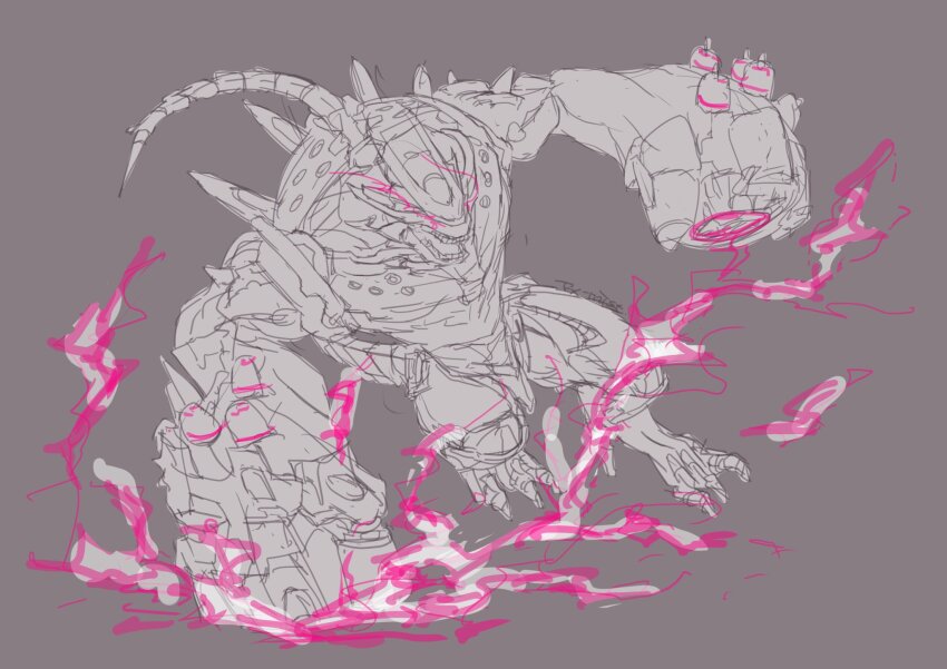 1other chatterbox_(nikke) ex-mist glowing glowing_eyes goddess_of_victory:_nikke highres jumping lightning mechanical_tail monochrome non-humanoid_robot purple_eyes rapture_(nikke) robot sketch solo spot_color tail