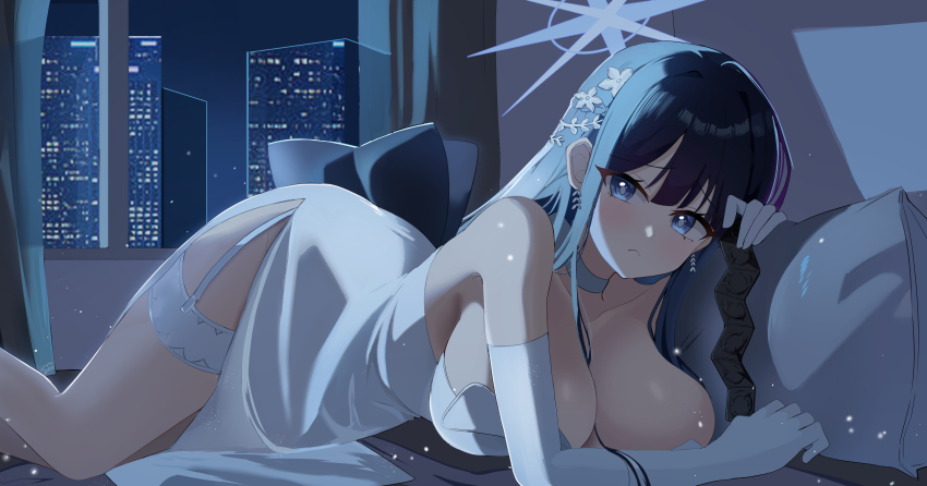 1girl absurdres bare_shoulders blue_archive blue_eyes blue_hair blush breasts cleavage closed_eyes dress elbow_gloves flower garter_straps gloves hair_flower hair_ornament highres large_breasts looking_at_viewer lying nemu-san night night_sky on_bed on_stomach saori_(blue_archive) saori_(dress)_(blue_archive) sky solo thighhighs white_dress white_flower white_gloves white_thighhighs