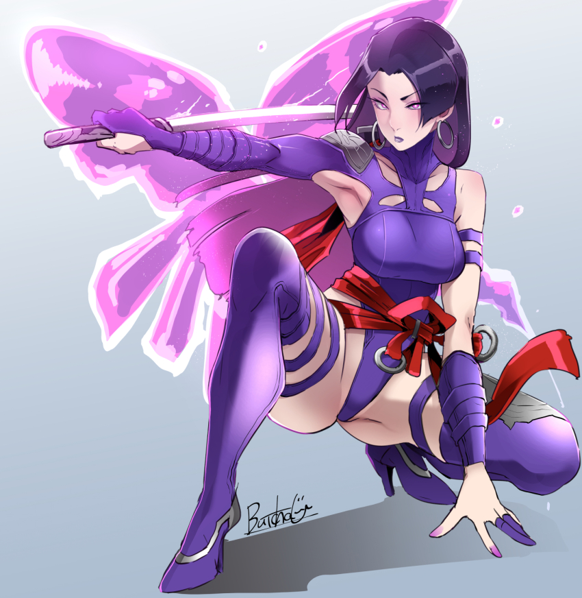 1girl animification bare_shoulders blue_leotard breasts butcha-u elbow_gloves gloves highleg highleg_leotard highres holding holding_sword holding_weapon large_breasts leotard long_hair looking_at_viewer marvel marvel_rivals psylocke psylocke_(vengeance) purple_eyes purple_hair sash solo superhero_costume sword thighhighs weapon x-men