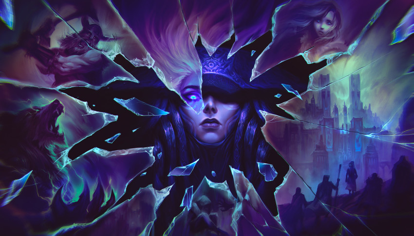2boys 2girls artist_collaboration ashe_(league_of_legends) axe blue_eyes castle character_request check_character closed_mouth commentary fake_horns fangs glowing glowing_eye helmet highres holding holding_axe horned_helmet horns league_of_legends lissandra_(league_of_legends) long_hair looking_at_viewer multiple_boys multiple_girls olaf_(league_of_legends) open_mouth sitting teeth volibear zoe_(crownsforkings)