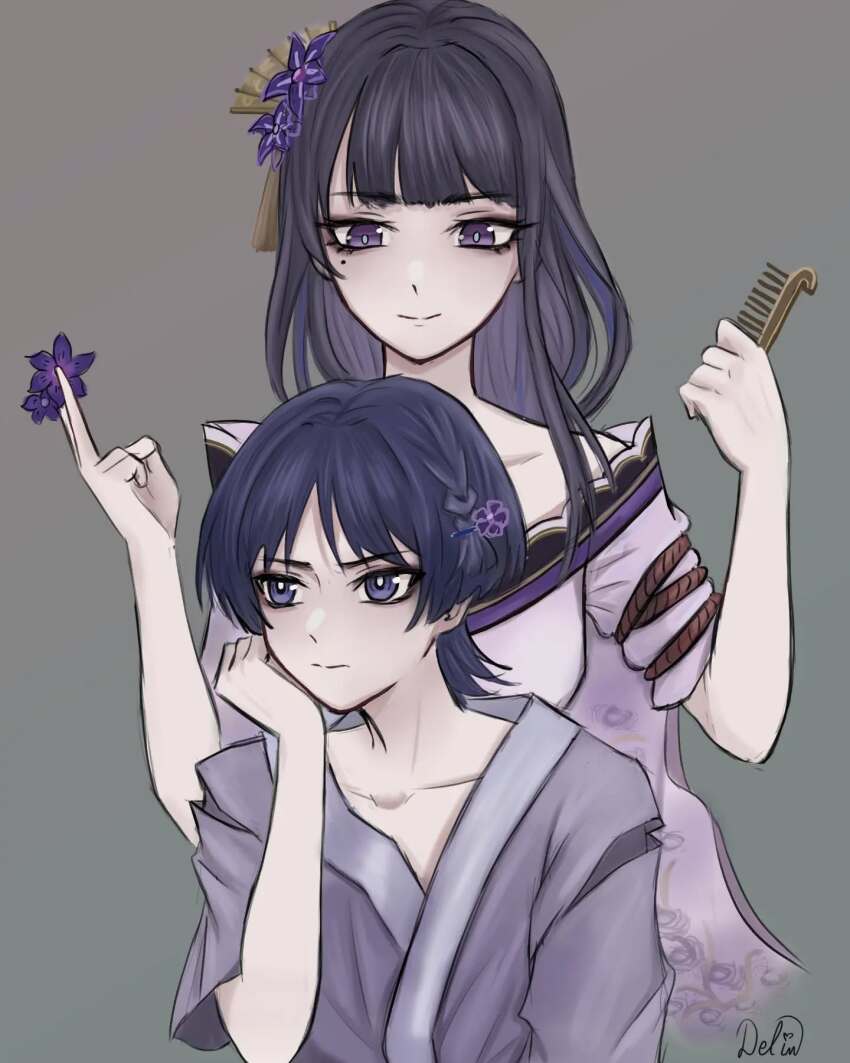 1boy 1girl alternate_hairstyle black_hair blunt_bangs blunt_ends braid bright_pupils closed_mouth clothing_cutout collarbone colored_inner_hair comb delisha_lia eyelashes fan_hair_ornament floral_print floral_print_kimono flower furisode genshin_impact grey_background hair_flower hair_ornament hairclip hand_on_own_face hands_up highres holding holding_comb holding_flower japanese_clothes kimono looking_at_another looking_down looking_to_the_side mole mole_under_eye mother_and_son multicolored_hair off_shoulder print_kimono purple_flower purple_hair purple_kimono raiden_shogun red_rope rope scaramouche_(genshin_impact) short_sleeves shoulder_cutout side_braid signature smile split_mouth tassel tassel_hair_ornament tsurime white_pupils wispy_bangs