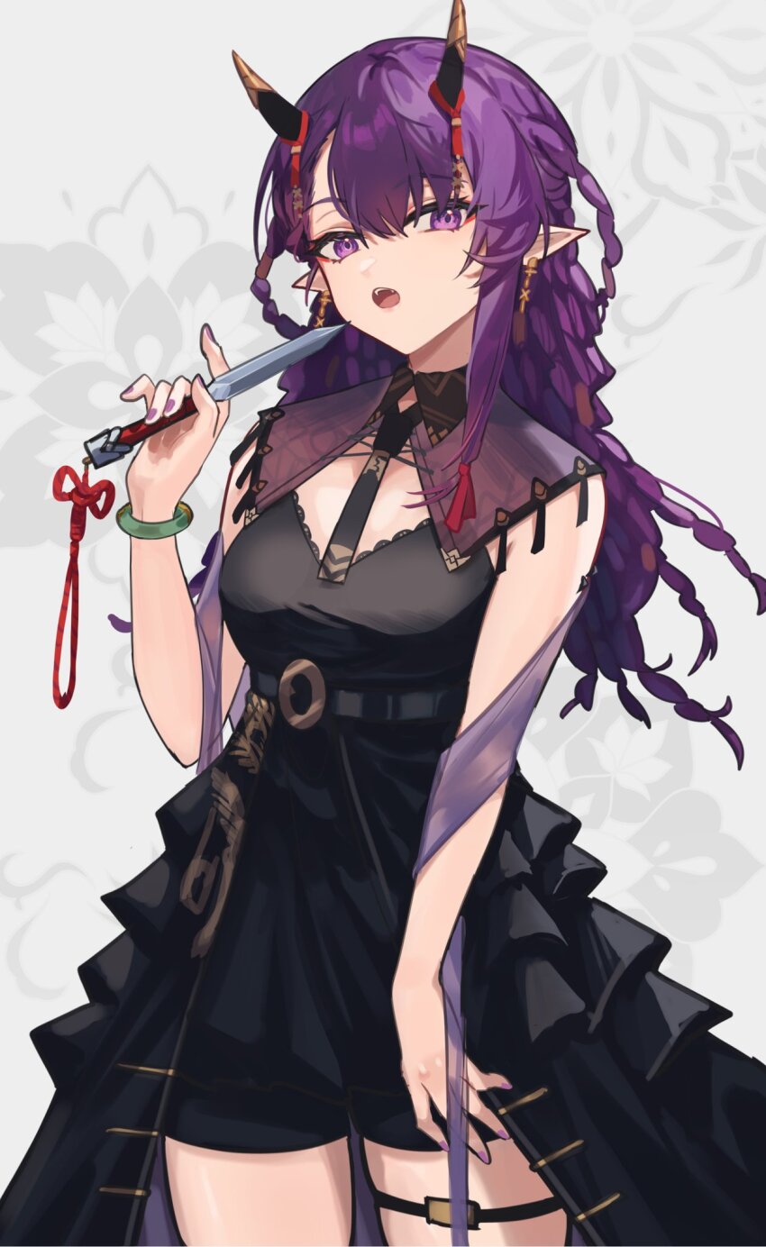 1girl arknights black_dress dress highres horns lava_(arknights) lava_the_purgatory_(arknights) mabing open_mouth purple_eyes purple_hair purple_nails