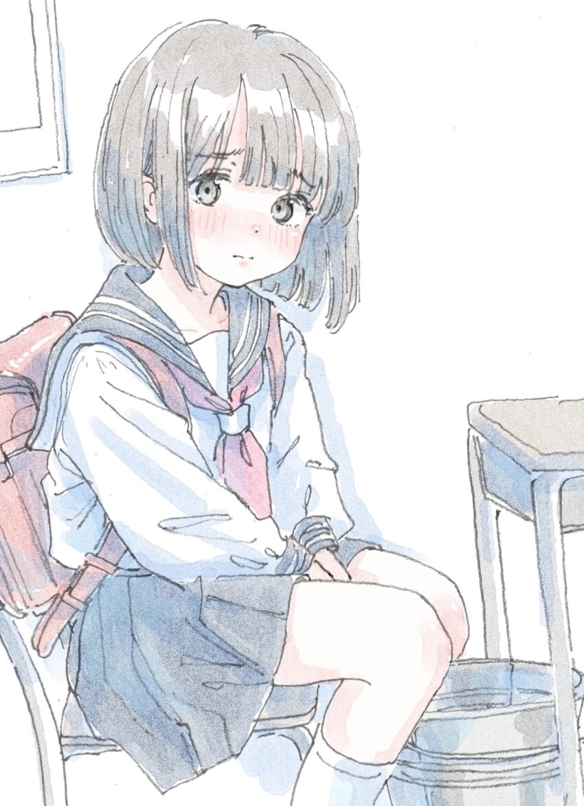 1girl backpack bag blue_sailor_collar blue_skirt blunt_bangs blush bob_cut bow bowtie brown_eyes brown_hair bucket chair closed_mouth desk dot_nose embarrassed highres indoors kneehighs looking_at_viewer looking_to_the_side nose_blush on_chair original parted_bangs pleated_skirt poranka_(porankaran) randoseru red_bow red_bowtie sailor_collar school_chair school_desk school_uniform serafuku shirt short_hair sidelocks sitting skirt socks white_shirt white_socks