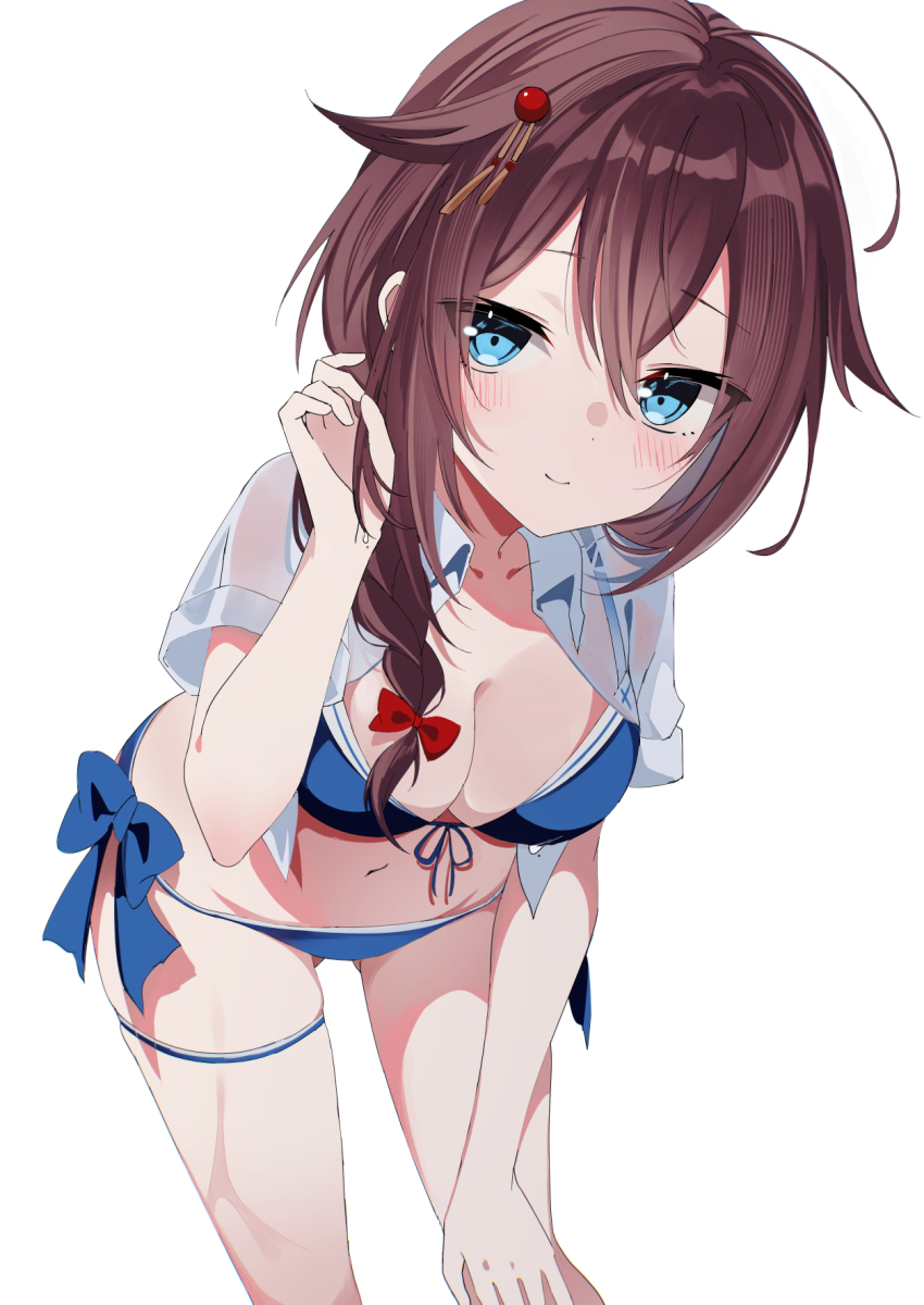 1girl ahoge bikini black_hair blue_bikini blue_eyes braid breasts cleavage collared_shirt dress_shirt fathom feet_out_of_frame front-tie_bikini_top front-tie_top hair_flaps hair_over_shoulder hand_on_own_thigh highres kantai_collection long_hair looking_at_viewer medium_breasts shigure_(kancolle) shigure_kai_san_(kancolle) shigure_kai_san_(swimsuit)_(kancolle) shirt side-tie_bikini_bottom single_braid solo swimsuit white_shirt