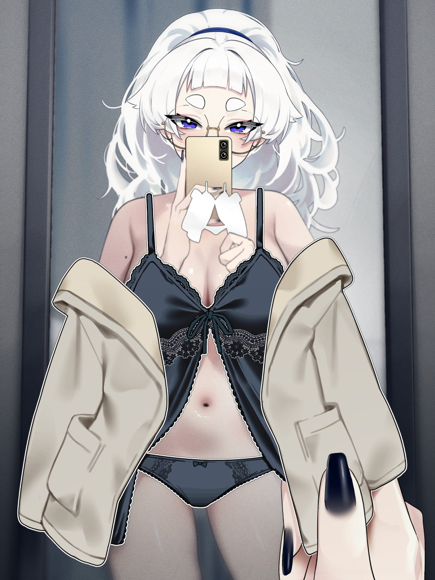 1girl absurdres babydoll bare_shoulders black_babydoll black_panties blue_eyes blunt_bangs blush breasts brown_coat cleavage coat commentary covering_privates glasses hair_intakes highres holding holding_phone large_breasts meg_(wakamepiza) mole mole_on_arm navel nude_cover original panties phone ponytail round_eyewear short_bangs solo symbol-only_commentary thick_eyebrows thighs underwear wakamepiza white_hair