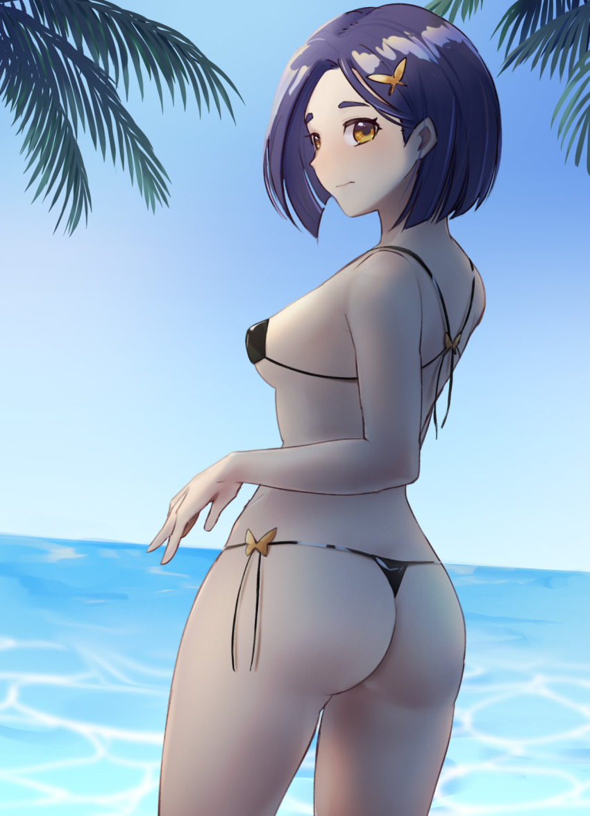 1girl ass bikini black_bikini blush hair_ornament highres looking_at_viewer looking_back micro_bikini purple_hair rinwell_(tales) short_hair side-tie_bikini_bottom swimsuit tales_of_(series) tales_of_arise thong thong_bikini yellow_eyes zbbbancyo