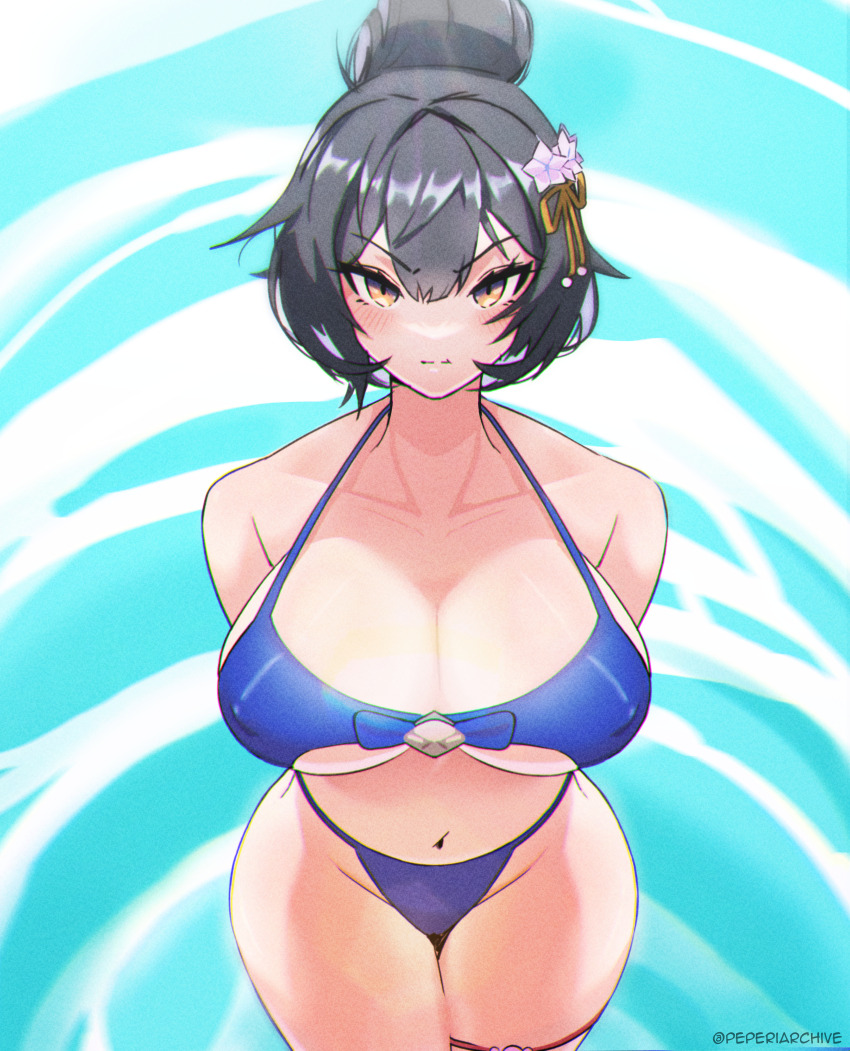 1girl absurdres arms_behind_back bikini black_hair blue_bikini blush breasts brown_dust_(series) brown_dust_2 brown_eyes cleavage closed_mouth covered_erect_nipples flower groin hair_between_eyes hair_bun hair_flower hair_ornament highres in_water large_breasts looking_at_viewer navel peperiarchive pout ripples scheherazade_(brown_dust) scheherazade_(pool_party)_(brown_dust) short_hair solo source_request stomach swimsuit thigh_gap thigh_strap third-party_source