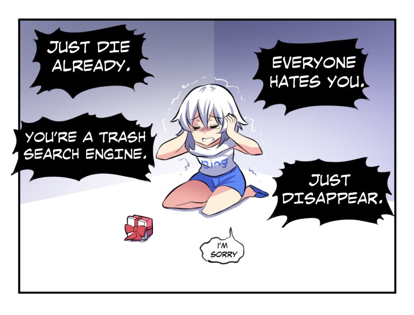1girl bing closed_eyes comic corner covering_own_ears crying english_text facing_viewer female_focus gift highres hinghoi kneeling open_mouth scared shaded_face short_hair solo sweat trembling white_hair