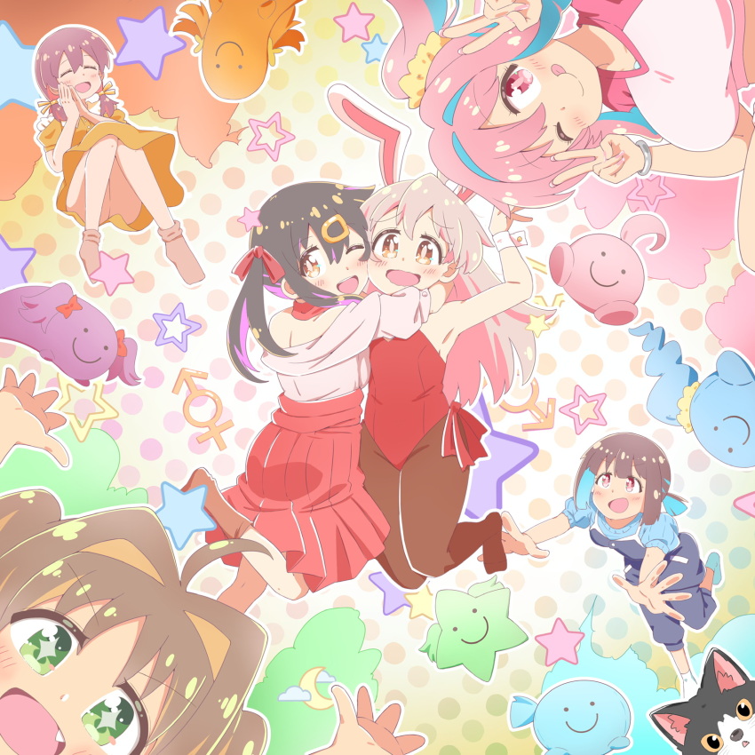 6+girls :d ;d ;p ahoge black_hair blue_hair breasts brown_eyes brown_hair brown_pantyhose c: cat cheek-to-cheek commentary diamond-shaped_pupils diamond_(shape) double_v dress fang flat_chest green_eyes grey_hair hair_intakes hair_ornament hairclip heads_together highres hozuki_kaede hozuki_momiji hug large_breasts leotard long_hair looking_at_viewer male-female_symbol multiple_girls murosaki_miyo nanraka oka_asahi one_eye_closed onii-chan_wa_oshimai! open_mouth orange_dress orange_hair oyama_mahiro oyama_mihari pantyhose pink_hair playboy_bunny polka_dot polka_dot_background ponytail purple_hair red_eyes red_leotard red_skirt short_hair short_ponytail siblings sisters skirt smile star_(symbol) strapless strapless_leotard stuffed_toy symbol-shaped_pupils tongue tongue_out v wrist_cuffs