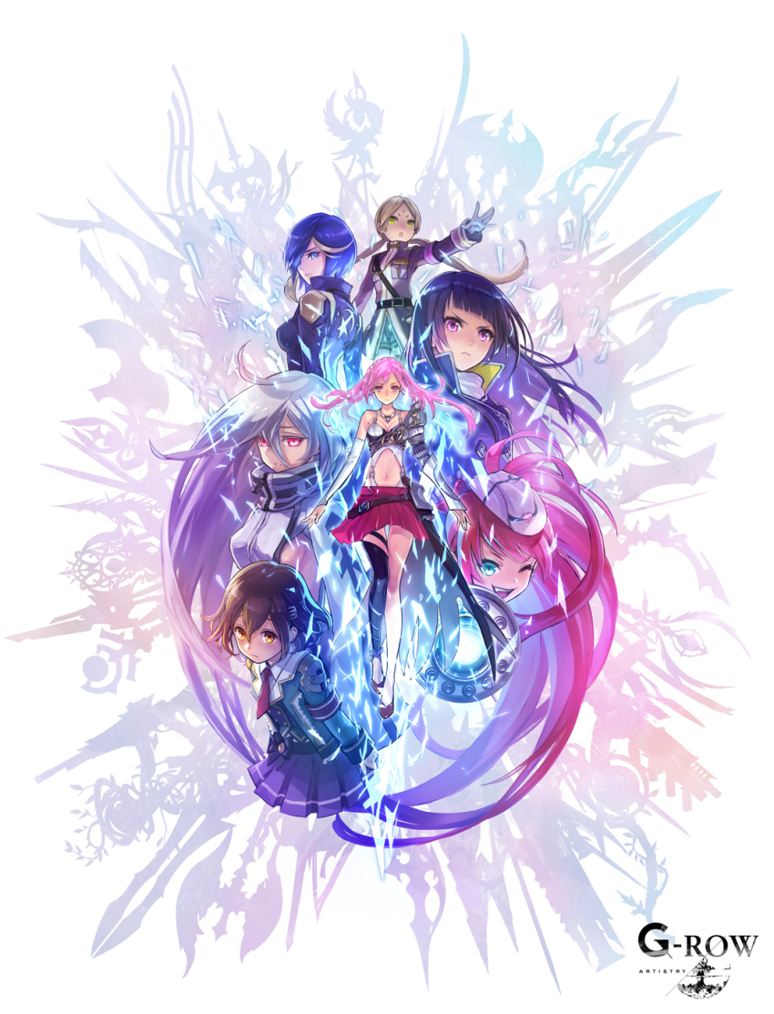 6+girls ;d ahoge armor artemis_(phantom_of_the_kill) belt black_belt blonde_hair blue_eyes blue_hair blunt_bangs breastplate breasts brown_eyes brown_hair closed_mouth commentary_request freikugel grey_hair hair_over_one_eye hat highres laevateinn_(phantom_of_the_kill) long_hair long_sleeves longinus_(phantom_of_the_kill) looking_at_viewer masamune_(phantom_of_the_kill) medium_breasts midriff multicolored_hair multiple_girls official_art one_eye_closed open_mouth outstretched_arm parashu parted_lips phantom_of_the_kill pink_eyes pink_hair pleated_skirt red_eyes school_uniform second-party_source shoulder_armor sideboob single_thighhigh skirt smile streaked_hair thighhighs twintails tyrfing_(phantom_of_the_kill) very_long_hair weapon white_hat