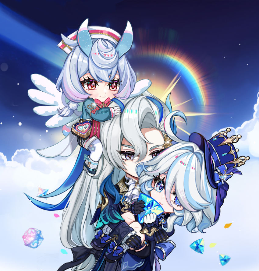 1boy 2girls ahoge black_bow black_footwear blue_bow blue_hair blue_hat blue_shirt blue_shorts bow bowtie carrying carrying_person furina_(genshin_impact) genesis_crystal genshin_impact gloves hat hat_bow highres intertwined_fate long_hair long_sleeves low-tied_long_hair low_twintails multicolored_hair multiple_girls neuvillette_(genshin_impact) nurse_cap pantyhose pink_bow pink_bowtie primogem shirt shoes short_hair shorts sidelocks sigewinne_(genshin_impact) streaked_hair top_hat twintails very_long_hair veryslow_zzzpin wavy_hair white_gloves white_hair white_hat white_pantyhose white_wings wings