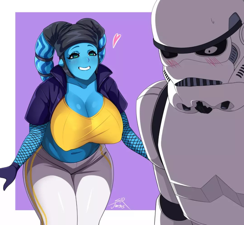 1boy 1girl alien artist_name black_gloves black_jacket blue_eyes blue_skin blush breasts cleavage colored_skin covered_erect_nipples fishnet_sleeves fishnets galactic_empire_(star_wars) gloves heart jacket large_breasts midriff mole mole_under_eye pants shiny_skin simple_background sir_jangos smile star_wars stormtrooper sweatdrop tank_top twi&#039;lek white_pants yellow_tank_top