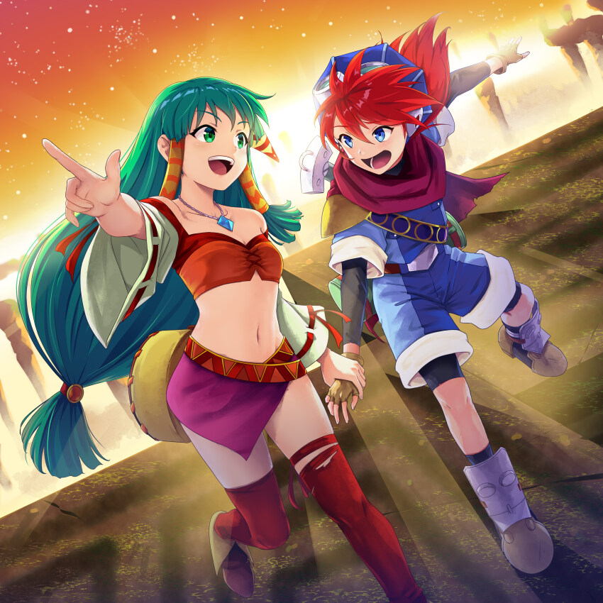 1boy 1girl :d absurdres agira backlighting bandeau bare_shoulders bike_shorts blue_eyes blue_hat blue_jumpsuit blue_pendant boots breasts cleavage collarbone commentary_request compression_shirt end_of_the_world_(grandia) feena_(grandia) fold-over_boots full_body goggles goggles_on_headwear grandia grandia_i green_eyes green_hair groin hair_between_eyes hair_ornament hair_tubes hat highres holding_hands jewelry jumpsuit justin_(grandia) long_hair looking_at_another low-tied_long_hair lower_teeth_only midriff navel necklace open_mouth orange_bandeau outdoors partial_commentary pointing purple_boots purple_skirt red_hair red_scarf red_thighhighs scarf shadow shoes short_jumpsuit skirt small_breasts smile standing standing_on_one_leg sword sword_on_back teeth thighhighs upper_teeth_only weapon weapon_on_back white_sleeves wide_sleeves