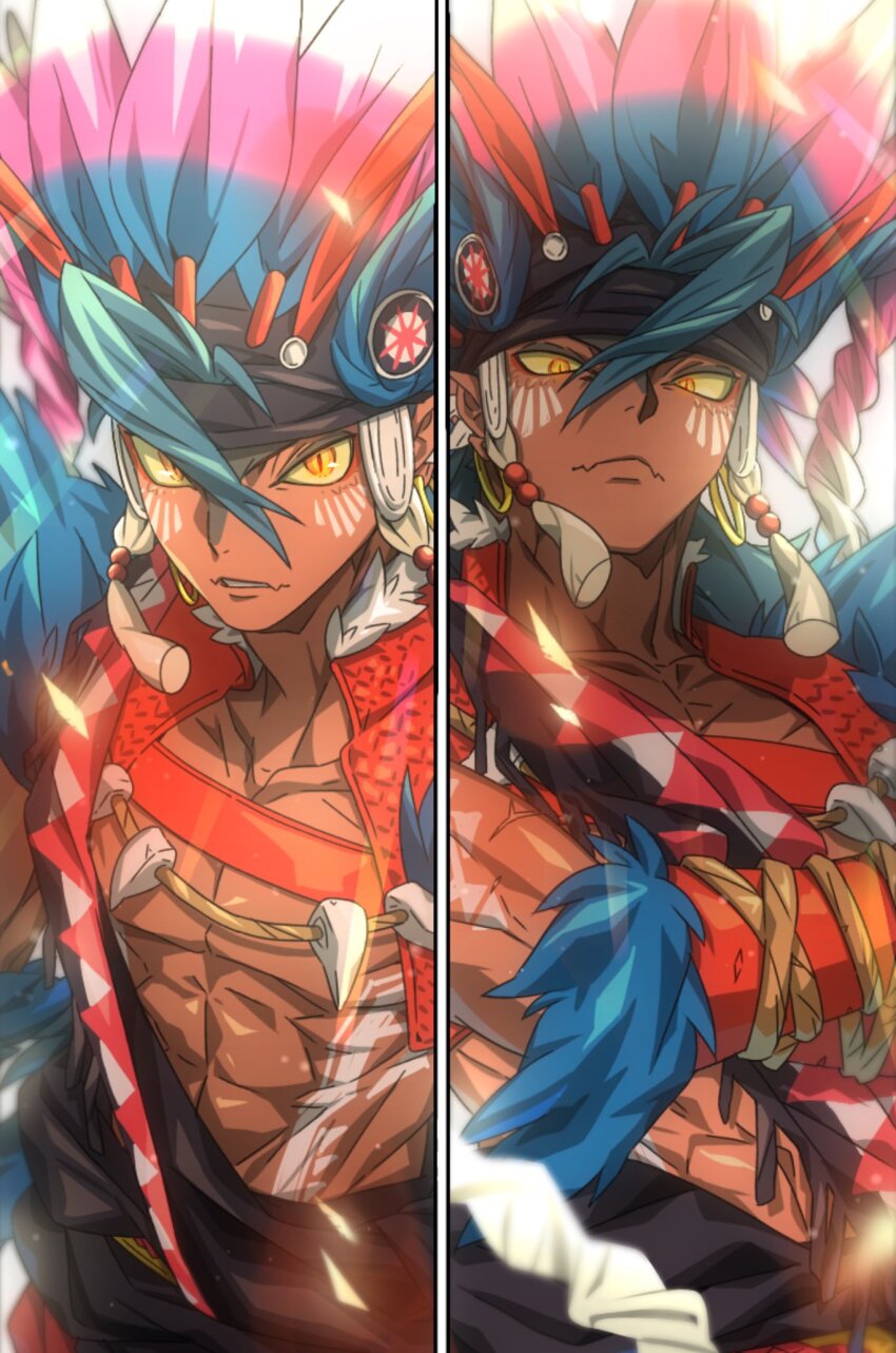 1boy arm_armor armor bare_pectorals blue_fur blue_hair collarbone colored_sclera commentary creatures_(company) crossed_arms dark-skinned_male dark_skin earrings fang feathers fur-trimmed_armor fur_trim game_freak headdress highres jewelry koraidon light_particles looking_at_viewer male_focus multiple_views native_american_headdress necklace nintendo orange_eyes orange_shrug pectoral_cleavage pectorals personification pokemon skin_fang slit_pupils split_screen symbol-only_commentary toned toned_male tooth_necklace uochandayo upper_body white_background white_fur yellow_sclera
