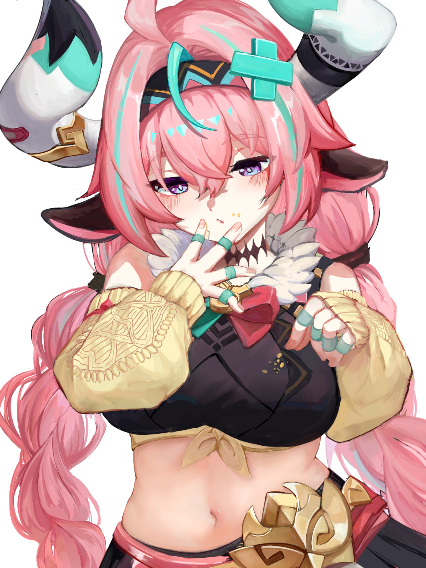 1girl ahoge animal_ears aqua_hair black_skirt braid breasts cow_ears cow_girl cow_horns curvy food food_on_clothes food_on_face genshin_impact highres horns ikamayo long_hair multicolored_hair navel pink_hair purple_eyes simple_background skirt solo streaked_hair twin_braids varesa_(genshin_impact) white_background
