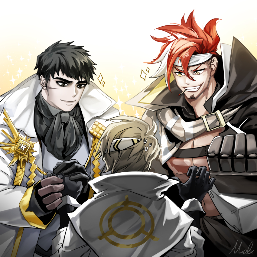 3boys absurdres alchemy_stars amol_0522 ascot black_ascot black_gloves black_hair coat dated_commentary facial_hair gloves goatee gradient_background grey_hair grin hair_between_eyes highres holding_hands male_focus multiple_boys navigator_(alchemy_stars) pale_skin pectorals pittman_(alchemy_stars) red_hair sinsa_(alchemy_stars) smile sparkle toothpick white_coat yellow_eyes