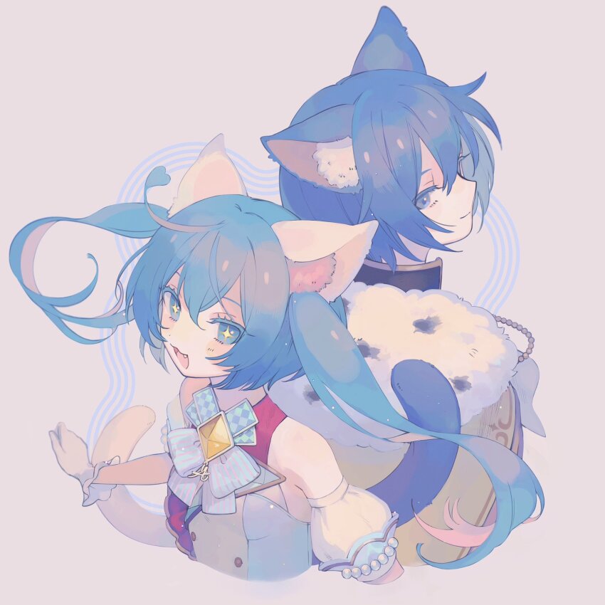+_+ 1boy 1girl :3 :d animal_ears aqua_eyes aqua_hair back-to-back bare_shoulders blue_eyes cat_boy cat_ears cat_girl cat_tail cropped_torso detached_sleeves fang fur_trim gloves grey_background hair_between_eyes hatsune_miku highres hoshi_wo_mezashite_yoosoroo!_(project_sekai) kaito_(vocaloid) long_hair looking_at_viewer mo_chi_ro open_mouth project_sekai puffy_short_sleeves puffy_sleeves short_hair short_sleeves simple_background smile tail twintails vocaloid white_gloves wonderlands_x_showtime_kaito wonderlands_x_showtime_miku