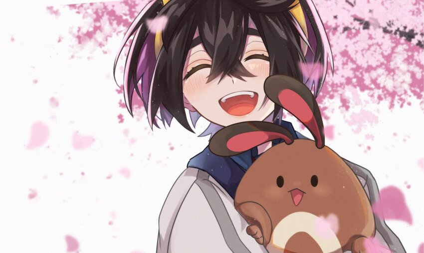 1boy :d black_hair blush chigiri_(_chigiri_) closed_eyes collared_shirt colored_inner_hair commentary_request crossed_bangs day eyelashes falling_petals gen_2_pokemon hair_between_eyes hairband happy highres jacket kieran_(pokemon) male_focus multicolored_hair nintendo open_mouth outdoors petals pokemon pokemon_(creature) pokemon_sv sentret shirt smile teeth tongue upper_teeth_only yellow_hairband