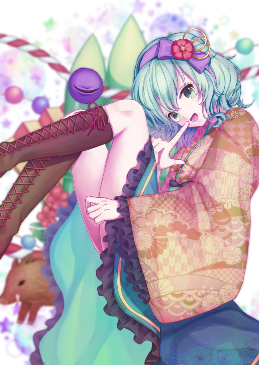 1girl absurdres alternate_costume boots brown_boots female_focus from_side green_eyes green_hair highres komeiji_koishi kouhaku_nawa lace-up_boots new_year rnkgmn rope seigaiha shimenawa short_hair solo touhou