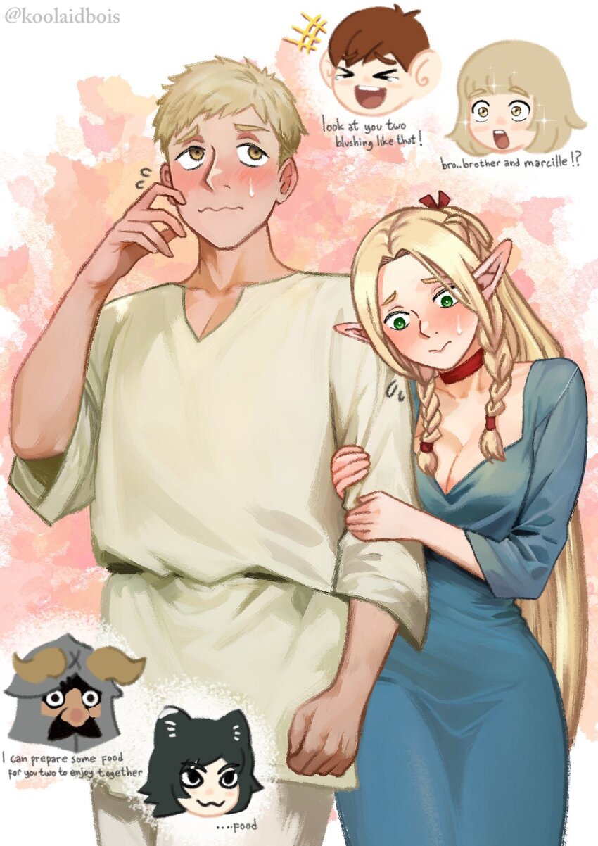 &gt;_&lt; 3boys 3girls :3 :d arm_hug blonde_hair blue_dress blush braid breasts chilchuck_tims cleavage collar commentary cowboy_shot dress dungeon_meshi elf english_commentary english_text falin_touden green_eyes helm helmet hetero highres izutsumi koolaidbois laios_touden laughing long_hair marcille_donato multiple_boys multiple_girls nervous nose_blush open_mouth pointy_ears red_collar senshi_(dungeon_meshi) smile sparkle sweatdrop tight_clothes tight_dress tunic twin_braids very_long_hair