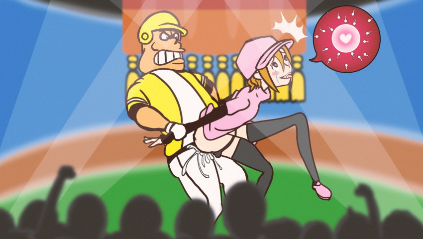 1boy 1girl ^^^ ahegao arm_grab baseball_cap baseball_helmet baseball_stadium batter_(rhythm_tengoku) black_panties black_shirt black_thighhighs blouse blurry blurry_background blurry_foreground blush_stickers breasts brown_hair clenched_teeth commentary crowd crying crying_with_eyes_open cum cum_in_pussy depth_of_field dot_pupils dress english_commentary fertilization goatwithsauce hair_between_eyes hat heart helmet hetero highres impregnation layered_clothes lifting_person long_sleeves looking_at_another minna_no_rhythm_tengoku muscular muscular_male ovum panties pants panty_pull pink_dress pink_headwear pink_shoes pitcher_(rhythm_tengoku) raised_eyebrows rhythm_tengoku saliva saliva_trail sex sex_from_behind shirt shoes short_sleeves small_breasts smile sperm_cell spoken_impregnation streaming_tears tears teeth thighhighs tongue tongue_out two-tone_shirt underwear v-shaped_eyebrows vaginal white_pants white_shirt yellow_headwear yellow_shirt