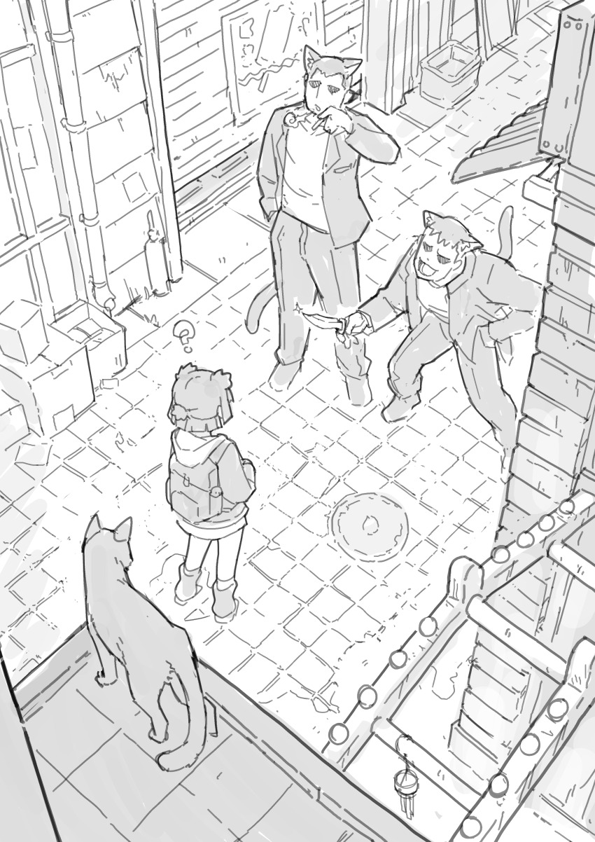 1girl 2boys :3 :d ? absurdres alley animal_ears arm_up backpack bag bear_ears bear_girl blowing_smoke blunt_ends blunt_sidelocks brick_road cat cat_boy cat_ears cat_tail cigarette city commentary confused dress english_commentary evil_grin evil_smile extra_ears eyes_in_shadow facing_another from_above go!_go!_gris! greyscale grin gris_(go!_go!_gris!) half-closed_eyes half_updo hand_in_pocket hand_up highres holding holding_cigarette holding_knife hood hood_down hooded_coat jacket kneehighs knife leaning_forward leg_warmers legs_apart long_sleeves looking_at_another monochrome mugging multiple_boys narrowed_eyes open_clothes open_jacket open_mouth original outstretched_arm pants pavement pointing_melee_weapon ponytail shirt shoes short_dress short_hair short_ponytail sidelocks smile smoke smoke_trail smoking socks standing suit_jacket tail tail_raised threat vertigris