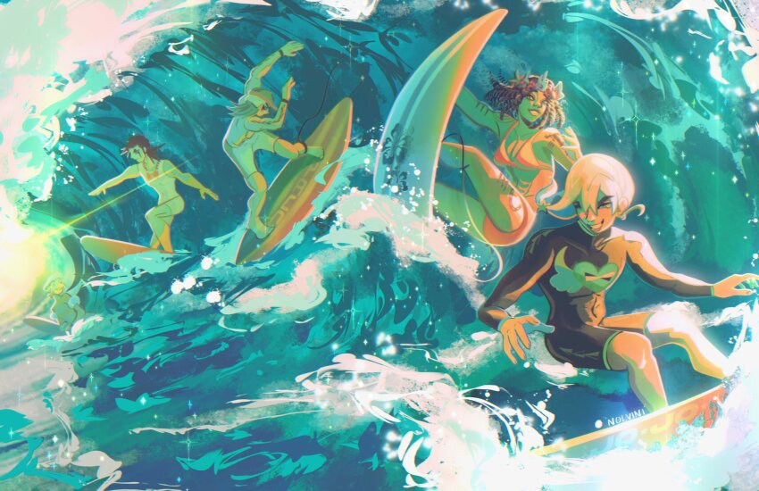 1girl 4boys adapted_costume aqua_theme bikini black_bodysuit bodysuit bow braid brown_hair charming_man commentary dark-skinned_female dark_skin diving_suit dragona_joestar english_commentary hair_ornament heart_ornament highres jodio_joestar jojo_no_kimyou_na_bouken leg_tattoo long_bangs male_swimwear multiple_boys nolvini paco_laburantes red_bow short_hair side_braid smile star_(symbol) star_hair_ornament surfboard surfing swimsuit tattoo the_jojolands usagi_aloha&#039;oe water waves wetsuit white_hair wing_ornament