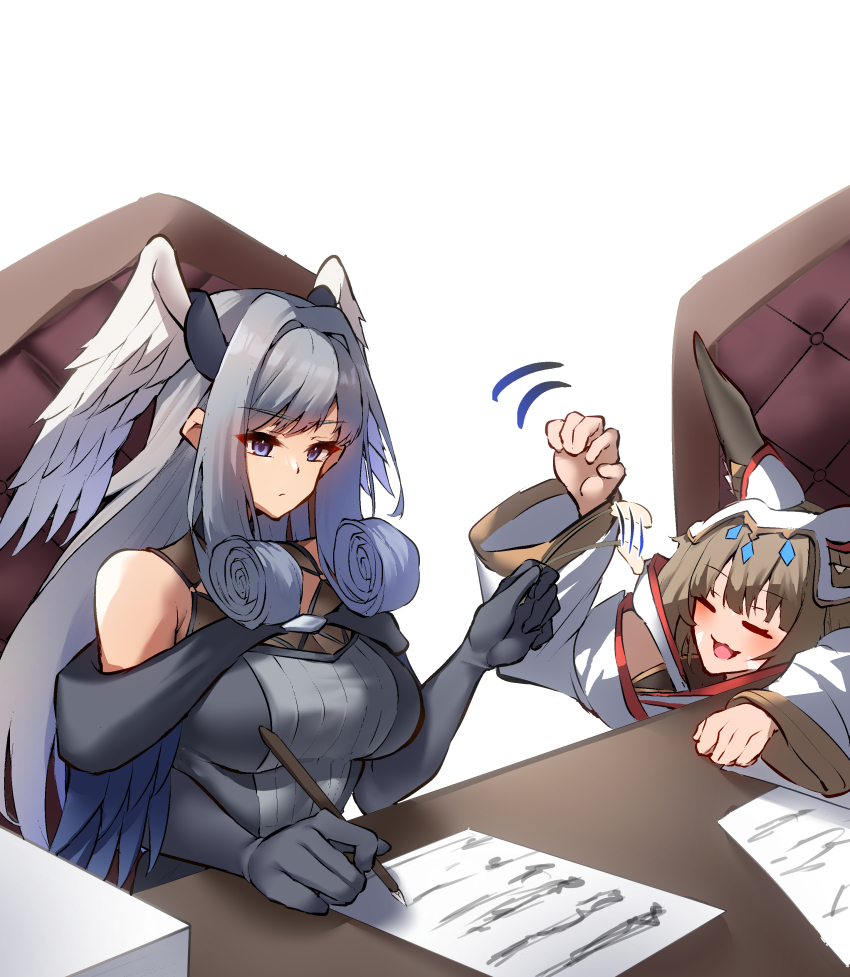 2girls :3 absurdres animal_ears breasts cat_ears cat_teaser curly_hair facial_mark grey_hair head_wings highres large_breasts long_hair melia_antiqua multiple_girls nia_(xenoblade) paperwork paw_pose short_hair siebolds_demon sitting table whisker_markings wings writing xenoblade_chronicles_(series) xenoblade_chronicles_3