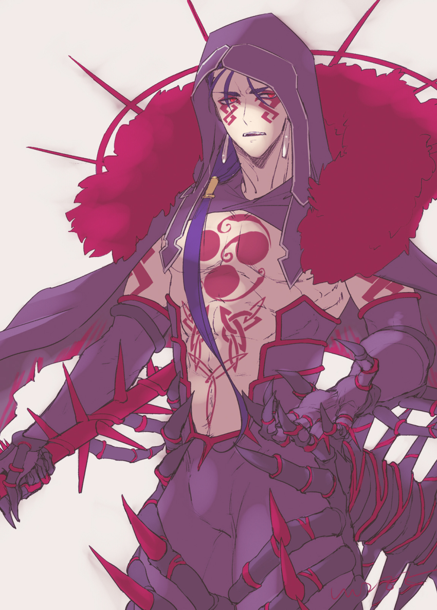 1boy angry black_gloves black_pants blue_hair bodypaint bulge cape claws cu_chulainn_(fate) cu_chulainn_alter_(fate) cu_chulainn_alter_(third_ascension)_(fate) dark_blue_hair dark_persona earrings elbow_gloves facepaint fate/grand_order fate_(series) fur-trimmed_cape fur_trim gae_bolg_(fate) gloves highres holding holding_polearm holding_weapon hood hood_up jewelry long_hair looking_to_the_side male_focus monster_boy murmurze muscular muscular_male navel open_mouth pants polearm ponytail red_eyes simple_background skin_tight solo spikes tail topless_male weapon