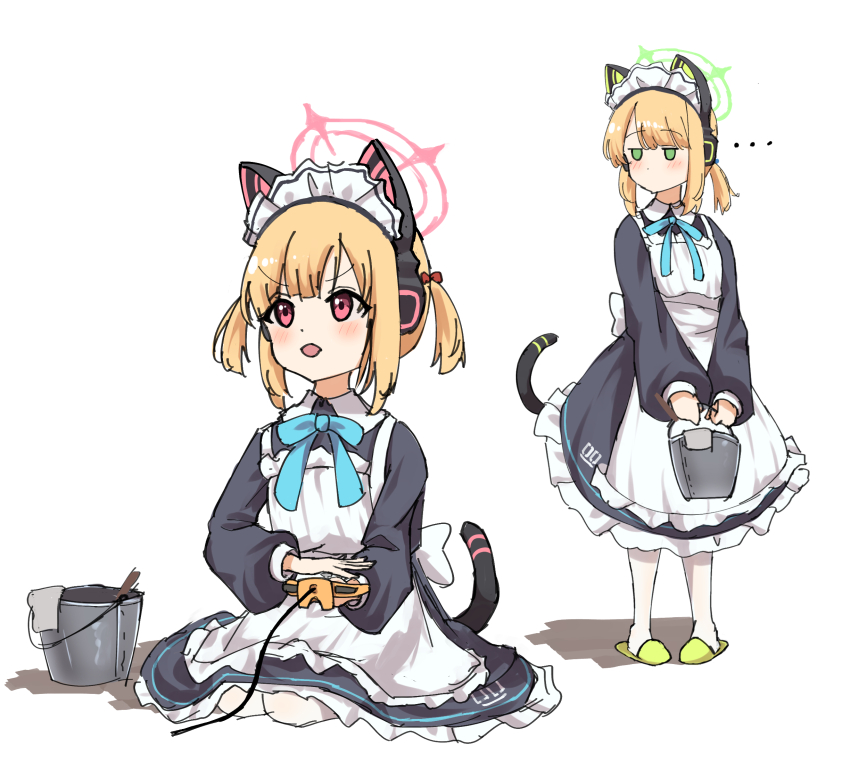 ... 2girls animal_ear_headphones animal_ears blue_archive bucket controller fake_animal_ears fall_(5754478) game_controller headphones highres holding holding_bucket holding_controller holding_game_controller kneeling maid maid_headdress midori_(blue_archive) midori_(maid)_(blue_archive) momoi_(blue_archive) momoi_(maid)_(blue_archive) multiple_girls neck_ribbon nintendo_64_controller pigeon-toed ribbon siblings simple_background sisters sitting spoken_ellipsis tail twins white_background