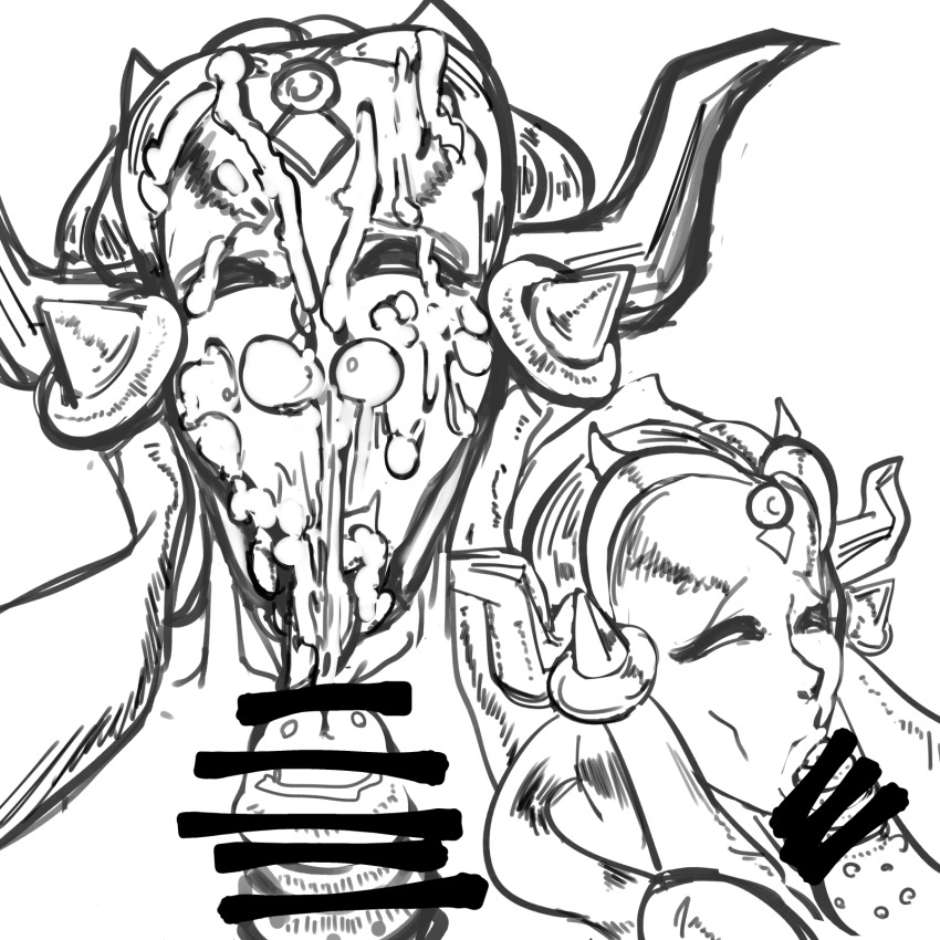 1girl :&gt;= bukkake censored cum cum_on_body facial fellatio grimms_notes half-closed_eyes highres horns iikanji_picture long_hair long_sidelocks mirror_plate_fiend_(grimms_notes) multiple_views oral penis sidelocks sketch solo_focus tongue tongue_out upper_body white_background
