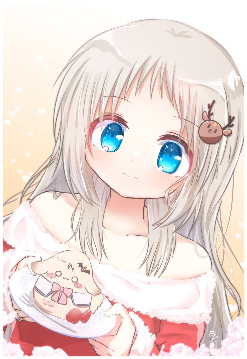 1girl :3 animal_ears bare_shoulders bat_hair_ornament black_hair blue_eyes blush blush_stickers character_cake close-up closed_mouth collarbone commentary_request dog_ears dress eyelashes food fork frown fruit fur-trimmed_dress fur_trim grey_hair hair_ornament heart highres holding holding_tray little_busters! long_hair long_sleeves looking_down noumi_kudryavka o_o parted_bangs reindeer_hair_ornament santa_costume santa_dress sidelocks signature simple_background smile strawberry tareme tray utuigawa wavy_mouth white_fur yellow_background