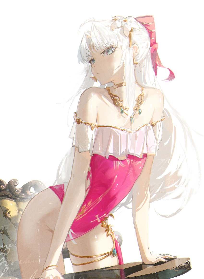 1girl absurdres aqua_eyes bare_shoulders bow carlotta_(splashing_summer)_(wuthering_waves) carlotta_(wuthering_waves) casual_one-piece_swimsuit commentary dudrinm flat_chest flower hair_bow hair_flower hair_ornament highleg highleg_one-piece_swimsuit highres jewelry leaning_forward long_hair looking_at_viewer necklace off-shoulder_one-piece_swimsuit off_shoulder official_alternate_costume one-piece_swimsuit pink_bow pink_one-piece_swimsuit sidelocks solo striped_bow swimsuit thighs very_long_hair white_flower white_hair wuthering_waves