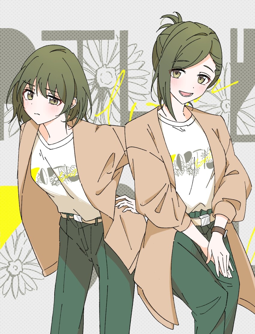 2girls blush brown_jacket commentary_request feet_out_of_frame floral_background green_hair green_pants highres hydac idolmaster idolmaster_shiny_colors jacket leaning_forward looking_at_viewer matching_outfits multiple_girls nanakusa_hazuki nanakusa_nichika own_hands_together pants print_shirt shirt shirt_tucked_in short_hair siblings single_sidelock sisters smile swept_bangs watch white_shirt wristwatch