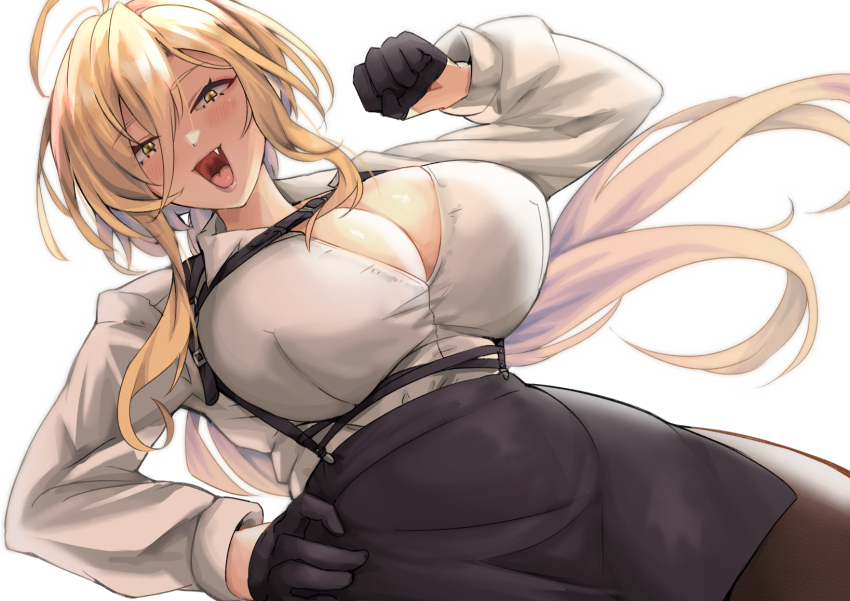 1girl :d black_gloves black_skirt blonde_hair breasts brown_pantyhose chest_harness cleavage clenched_hand collared_shirt contrapposto cowboy_shot dress_shirt fang gloves hair_between_eyes half_gloves hand_on_own_hip harness highres huge_breasts long_hair long_sleeves looking_at_viewer low_ponytail miniskirt nijisanji nui_sociere nui_sociere_(9th_costume) open_mouth pantyhose pencil_skirt ponytail shirt side_slit simple_background skirt smile solo very_long_hair virtual_youtuber white_background white_shirt wing_collar yellow_eyes yude