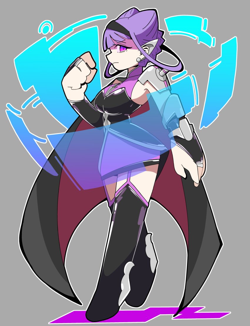 1girl absurdres black_boots black_hairband boots braid closed_mouth double_bun earrings hair_bun hairband high_heel_boots high_heels highres hugtto!_precure jewelry kikukekosasi mechanical_arms medium_hair precure purple_eyes purple_hair ruru_amour shirt sleeveless sleeveless_shirt solo two-tone_cape two-tone_shirt