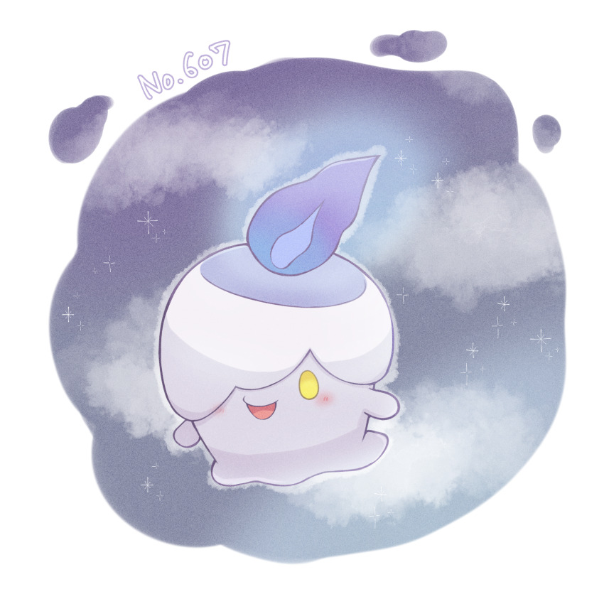 025sakura393 :d blue_fire blush border commentary_request fire full_body gen_5_pokemon happy highres litwick nintendo no_humans open_mouth pokedex_number pokemon pokemon_(creature) pokemon_focus smile solo white_border yellow_eyes