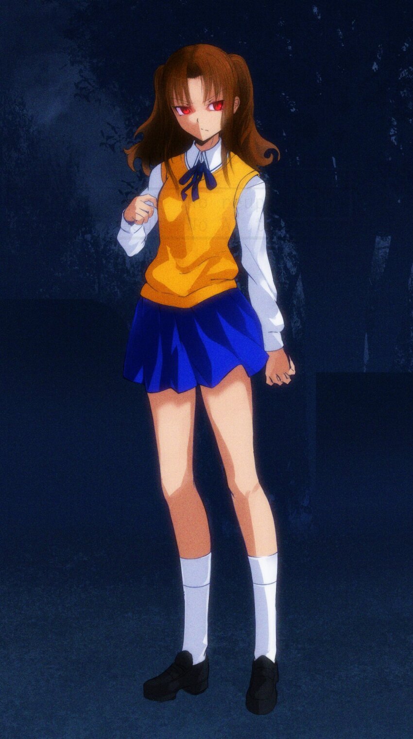 1girl black_shoes blue_skirt brown_hair burleciel closed_mouth commentary curtained_hair full_body highres loafers long_hair night outdoors red_eyes shoes skirt socks solo standing tsukihime v-shaped_eyebrows watermark white_socks yumizuka_satsuki