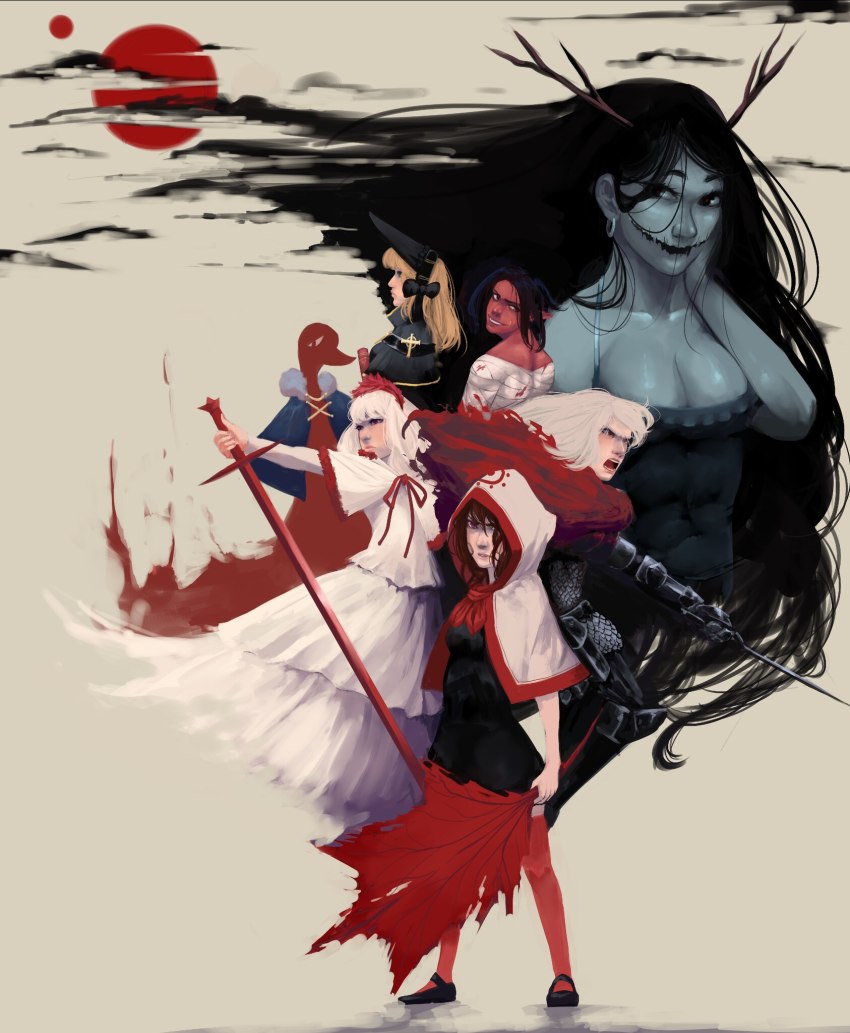 arrow_(projectile) battle black_dress blue_skin bow bow_(weapon) bowtie breasts brown_hair capelet cath character_request cleavage colored_skin dress earrings fennel_(momodora) frilled_hairband frills hairband highres hood hooded_capelet horns jewelry kaho_(momodora) large_breasts leaf long_hair looking_at_another lubella maple_leaf momodora:_reverie_under_the_moonlight multiple_girls navel red_eyes red_legwear short_hair signature smile sword thighhighs uneven_eyes weapon white_capelet white_dress white_hair