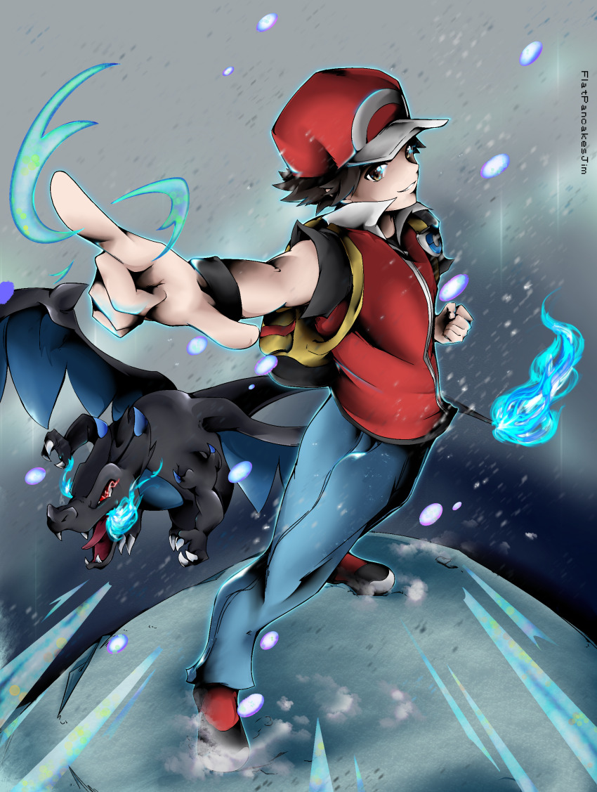 1boy absurdres blue_fire brown_eyes brown_hair charizard fire flatpancakesjim flying gen_1_pokemon grin hat highres holding holding_unworn_clothes holding_unworn_hat jacket looking_at_viewer male_focus mega_charizard_x mega_pokemon mt._silver nintendo pointing poke_ball pokemon pokemon_hgss red_(pokemon) red_(pokemon_frlg) smile snow snowing unworn_hat unworn_headwear