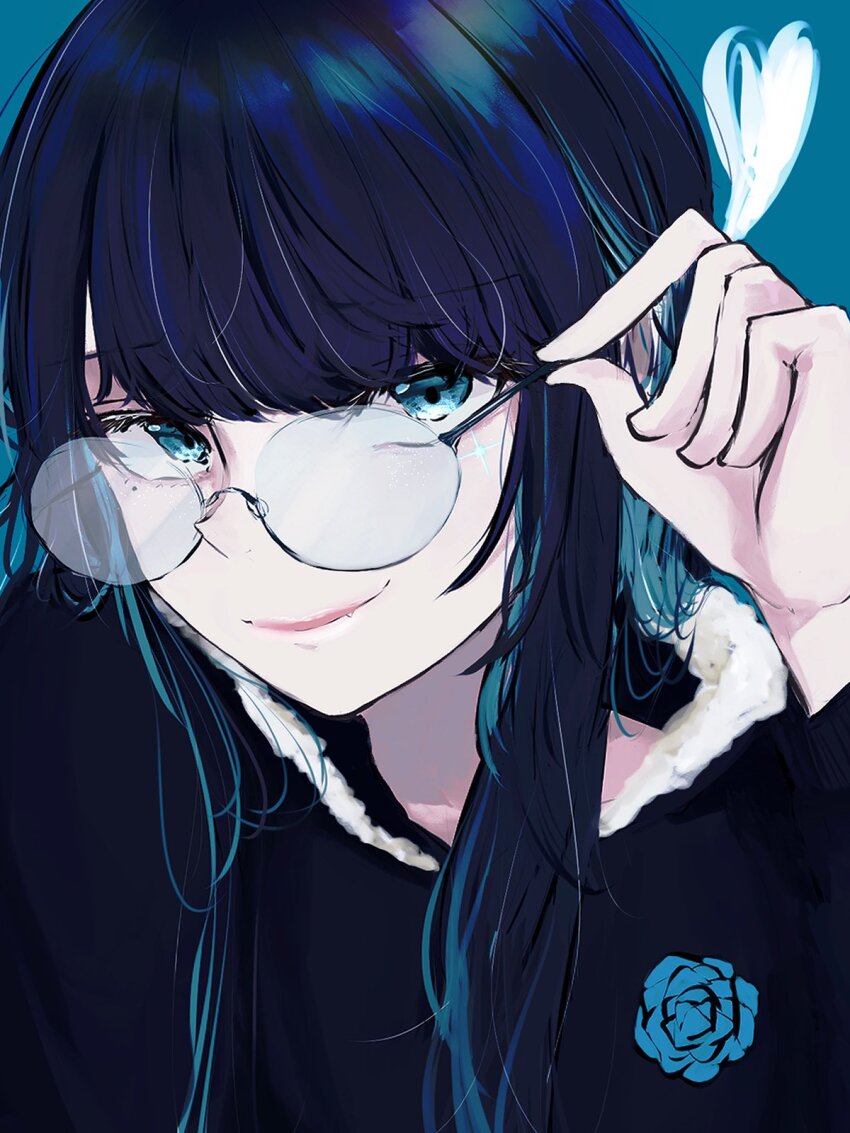 1girl adjusting_eyewear ado_(utaite) black_hair blue_background blue_eyes blue_hair chando_(ado) closed_mouth colored_inner_hair commentary fang glasses heart highres long_hair mole mole_under_eye multicolored_hair sidelocks solo tanake_(tanakei_ado) upper_body utaite