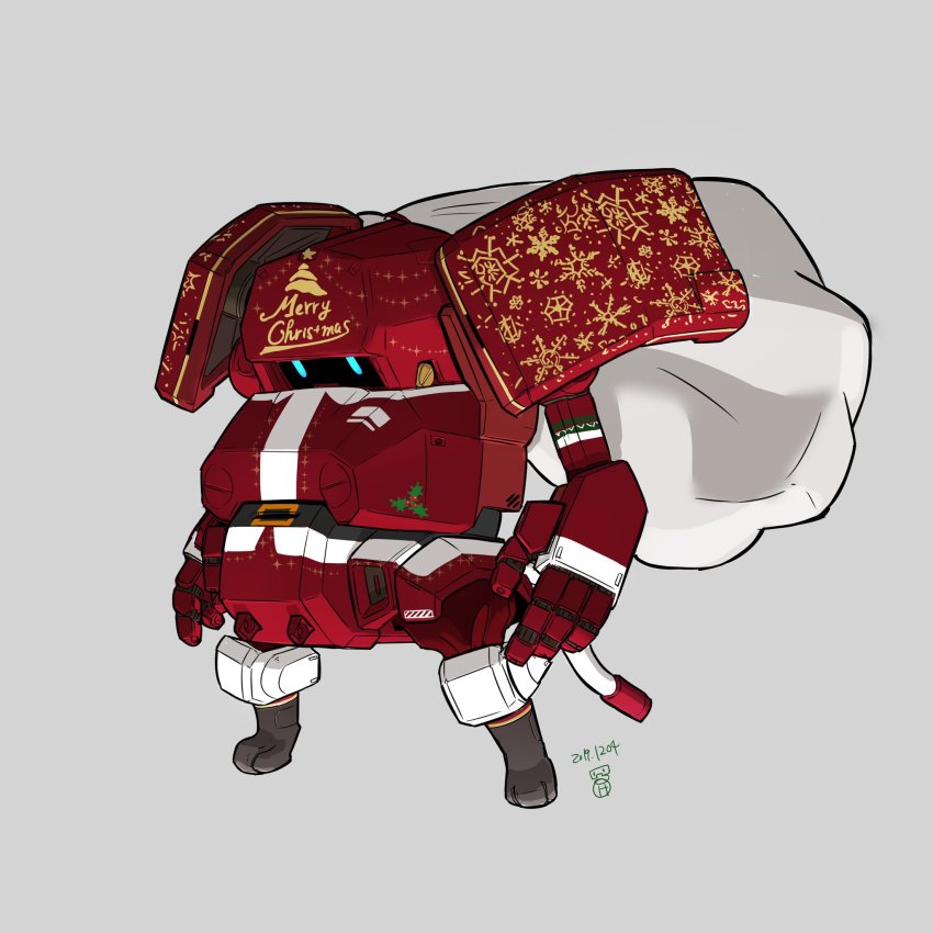 bag blue_eyes christmas dated grey_background highres jgsdf_type_07_tank_nacchin mecha moi_moi7 no_humans open_hands original robot science_fiction solo standing