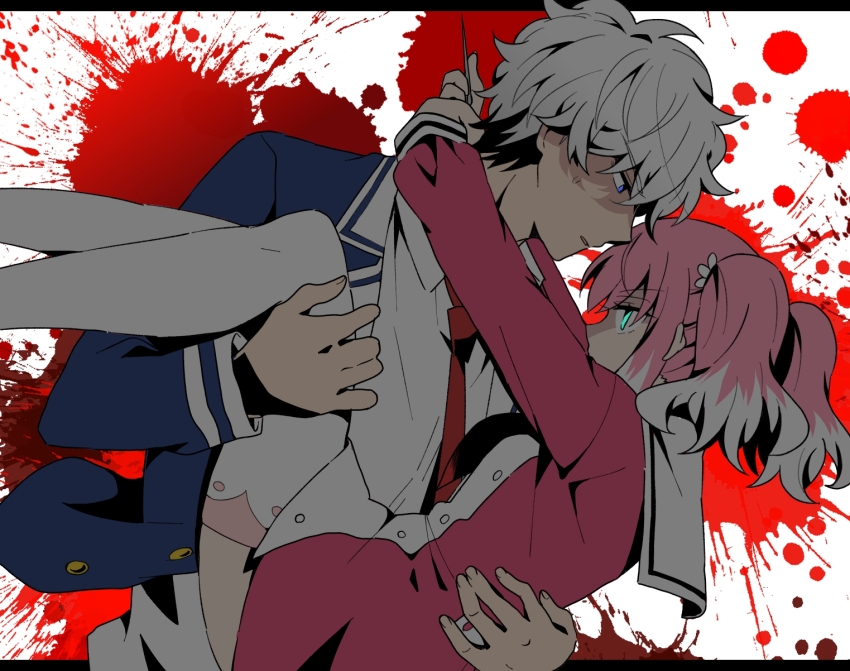 1boy 1girl black_border black_hair blazer blood blood_splatter blue_eyes blue_jacket border carrying collared_shirt dress eye_contact green_eyes highres hiiragi_nana jacket letterboxed long_sleeves looking_at_another multicolored_hair munou_na_nana necktie onodera_kyouya open_clothes open_jacket open_mouth pink_hair princess_carry red_dress red_necktie sailor_collar sailor_dress school_uniform shirt short_dress short_hair sketch sweatdrop thighhighs twintails two-tone_hair white_hair white_sailor_collar white_shirt white_thighhighs wing_collar yukisa