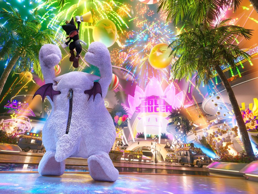 1boy 1other arms_up balloon cait_sith_(final_fantasy) cape chocobo crown fat_chocobo final_fantasy final_fantasy_vii final_fantasy_vii_rebirth final_fantasy_vii_remake fireworks from_behind gloves gold_saucer highres horns jumping key_visual mini_crown mini_wings moogle official_art palm_tree promotional_art short_tail single_horn spotlight square_enix tail tree wagon white_gloves wings zipper zipper_pull_tab