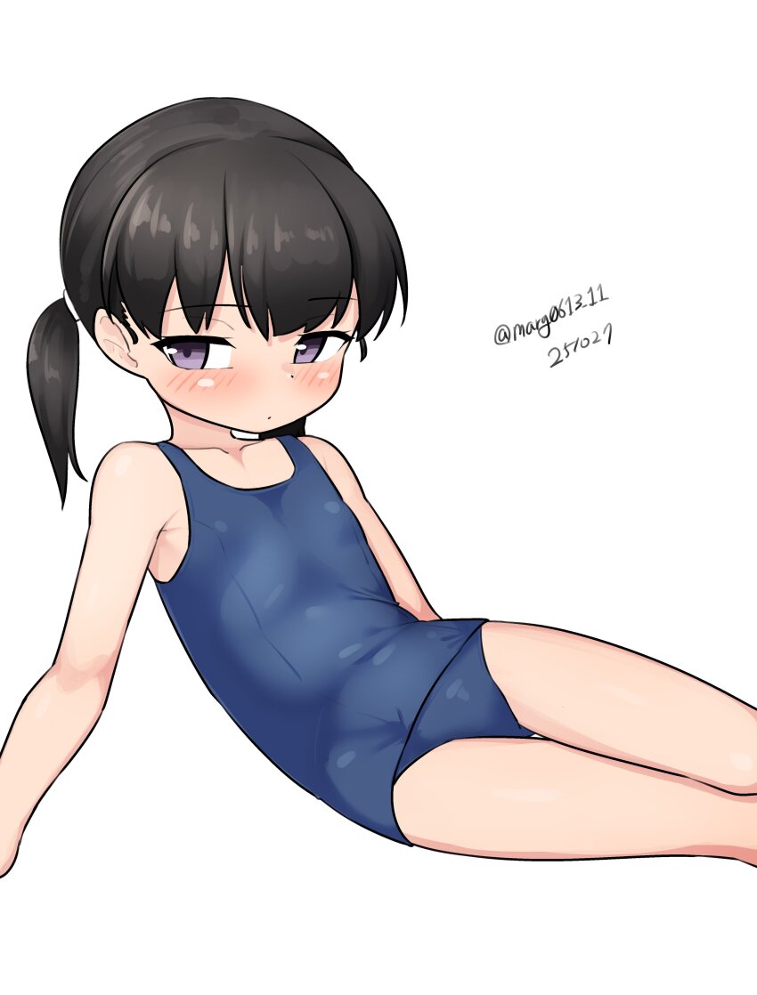 1girl absurdres alternate_costume black_hair blue_one-piece_swimsuit dated flat_chest highres kantai_collection lying maru_(marg0613) one-piece_swimsuit purple_hair school_swimsuit short_hair shounan_(kancolle) simple_background solo swimsuit twintails twitter_username white_background