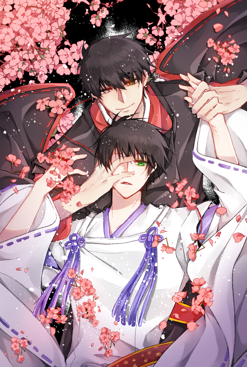 2boys black_hair cherry_blossoms clamp_(style) closed_mouth green_eyes hand_grab holding_hands hand_on_another&#039;s_face hand_over_eye highres japanese_clothes multiple_boys parted_lips sakurazuka_seishirou shari_(shari07) short_hair sumeragi_subaru upper_body wide_sleeves x_(manga) yellow_eyes