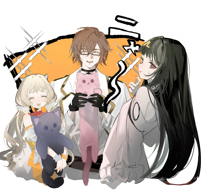 1boy 2girls ^_^ animal beatrice_(forever_7th_capital) black_cat black_choker black_gloves black_hair blonde_hair brown_hair cat choker closed_eyes forever_7th_capital gloves hair_between_eyes highres holding holding_animal holding_cat jacket long_hair multiple_girls pink_cat red_eyes rrrr_222 seth_(forever_7th_capital) short_hair smile sulette_(forever_7th_capital) twintails upper_body white_jacket