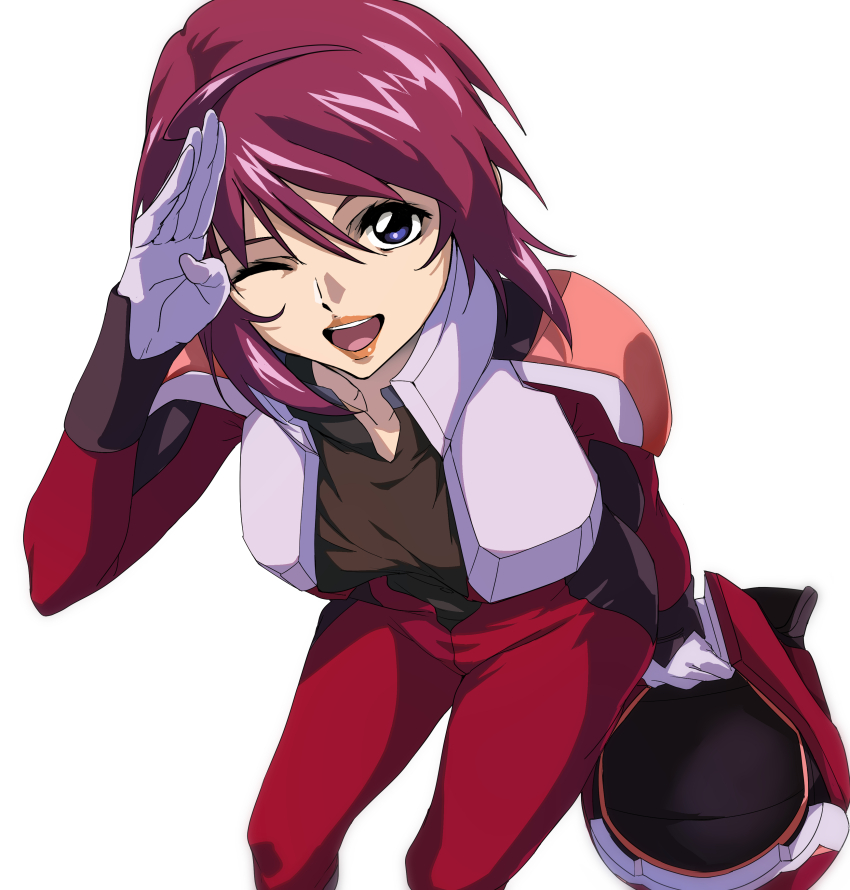 1girl absurdres ahoge atamadarurun breasts gloves gundam gundam_seed gundam_seed_freedom helmet highres holding lunamaria_hawke mecha_pilot_suit military military_uniform normal_suit_(gundam) one_eye_closed open_mouth pilot pilot_helmet purple_eyes purple_hair science_fiction short_hair simple_background smile solo white_background