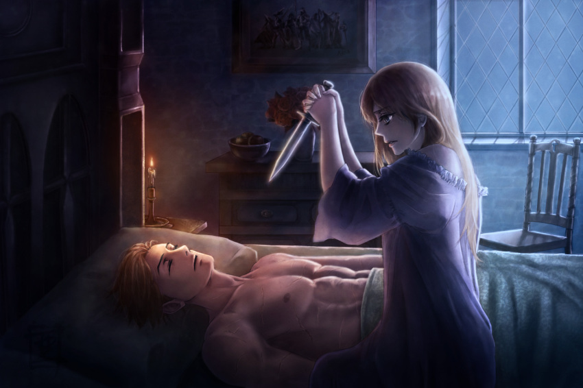 1boy 1girl abs alma_beoulve arisa_(cheesecakelover1992) bed blanket breasts candle chair dagger final_fantasy final_fantasy_tactics highres isilud_tengille knife long_hair nightgown pillow short_hair weapon window