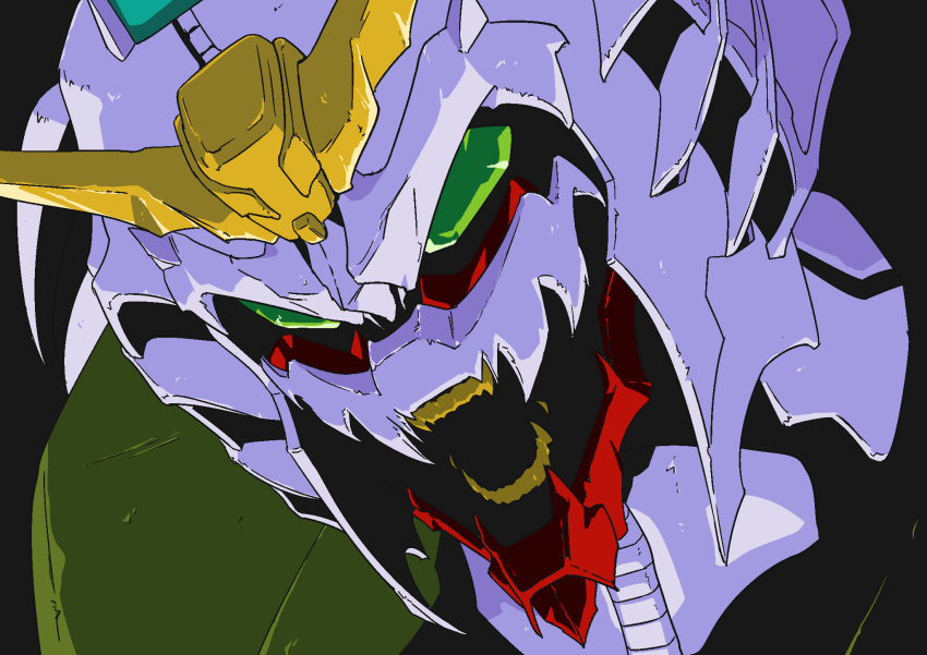 close-up commentary_request fangs g_gundam gicchon green_eyes gundam highres joints mecha mobile_suit nested_mouths no_humans no_pupils portrait robot robot_joints science_fiction sharp_teeth solo teeth v-fin walter_gundam